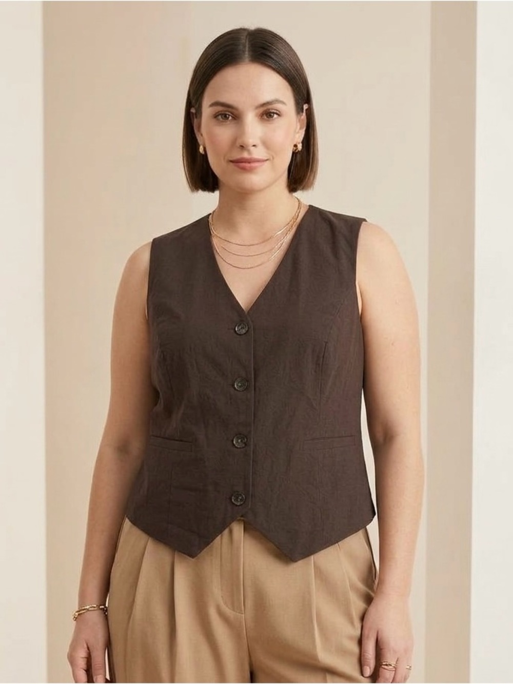 NWT Corporate Chic Espresso Brown V-Neck Suit Vest w/ Waist Tie- Size XXL